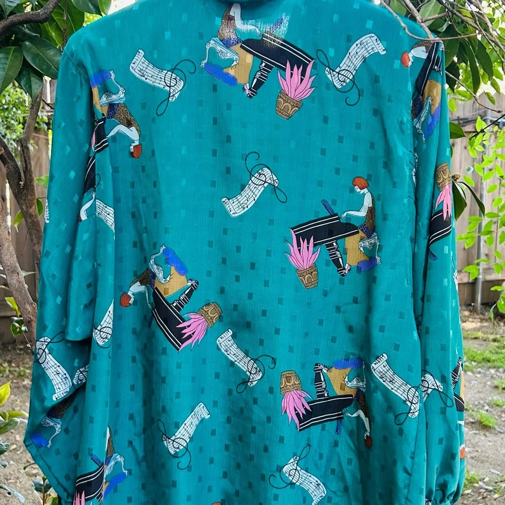 VINTAGE 80s Diane Von Furstenberg DVF Piano Player Art Deco Blouse Teal M - Picture 4 of 7